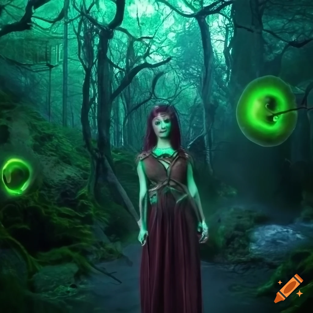 Glowing biopunk cityscape with plants, mushrooms, crystals, and Mythical Creature goddesses