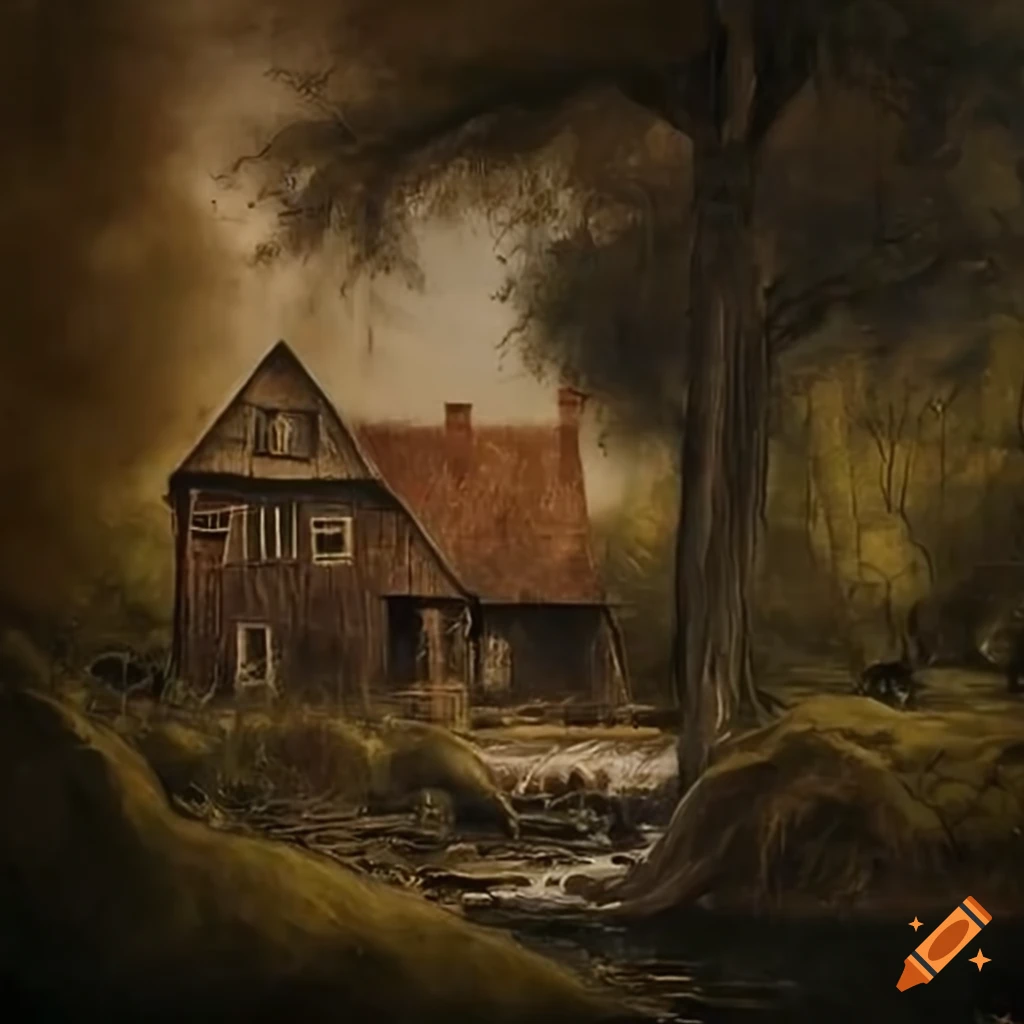 Northern gothic painting of a humble farmhouse with decaying pumpkin patches and a creek between properties