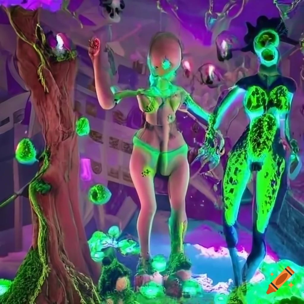 Glowing biopunk cityscape with green moss, plants, and mutated cyborg creature goddesses