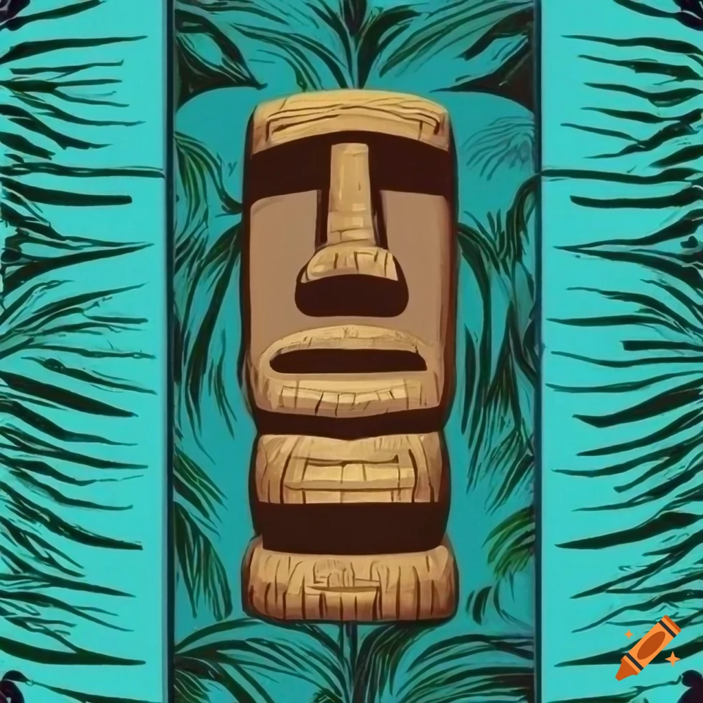 Tiki style canvas with palm tree pattern and colorful moai