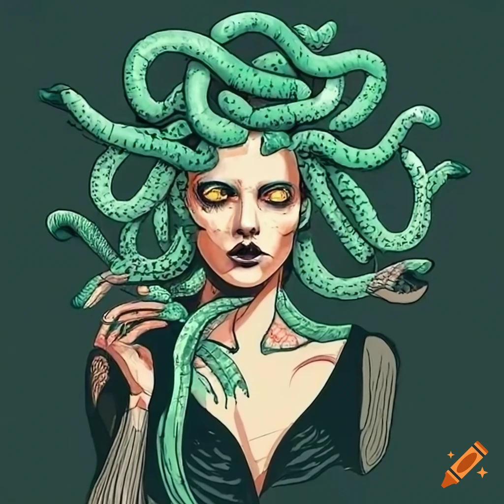 Medusa portrait in a garden setting