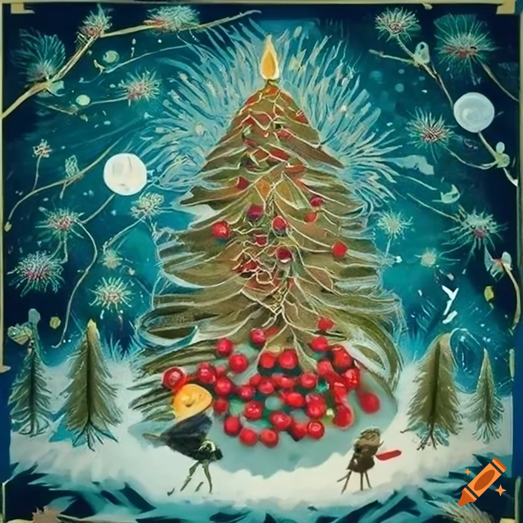 Intricate christmas tree made of feathers in a festive forest scene