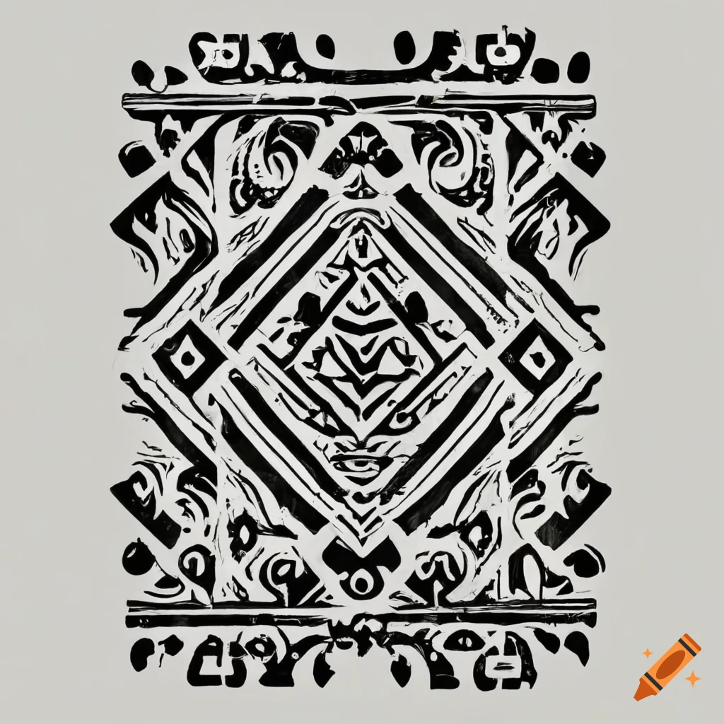 Intricate tribal glyphs symbolizing a warrior's quest on white paper