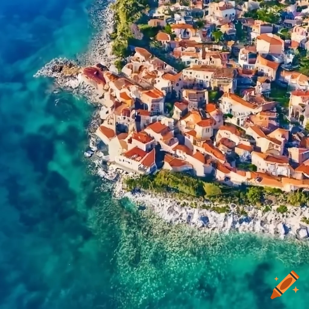 Aerial view of a Mediterranean village by the sea