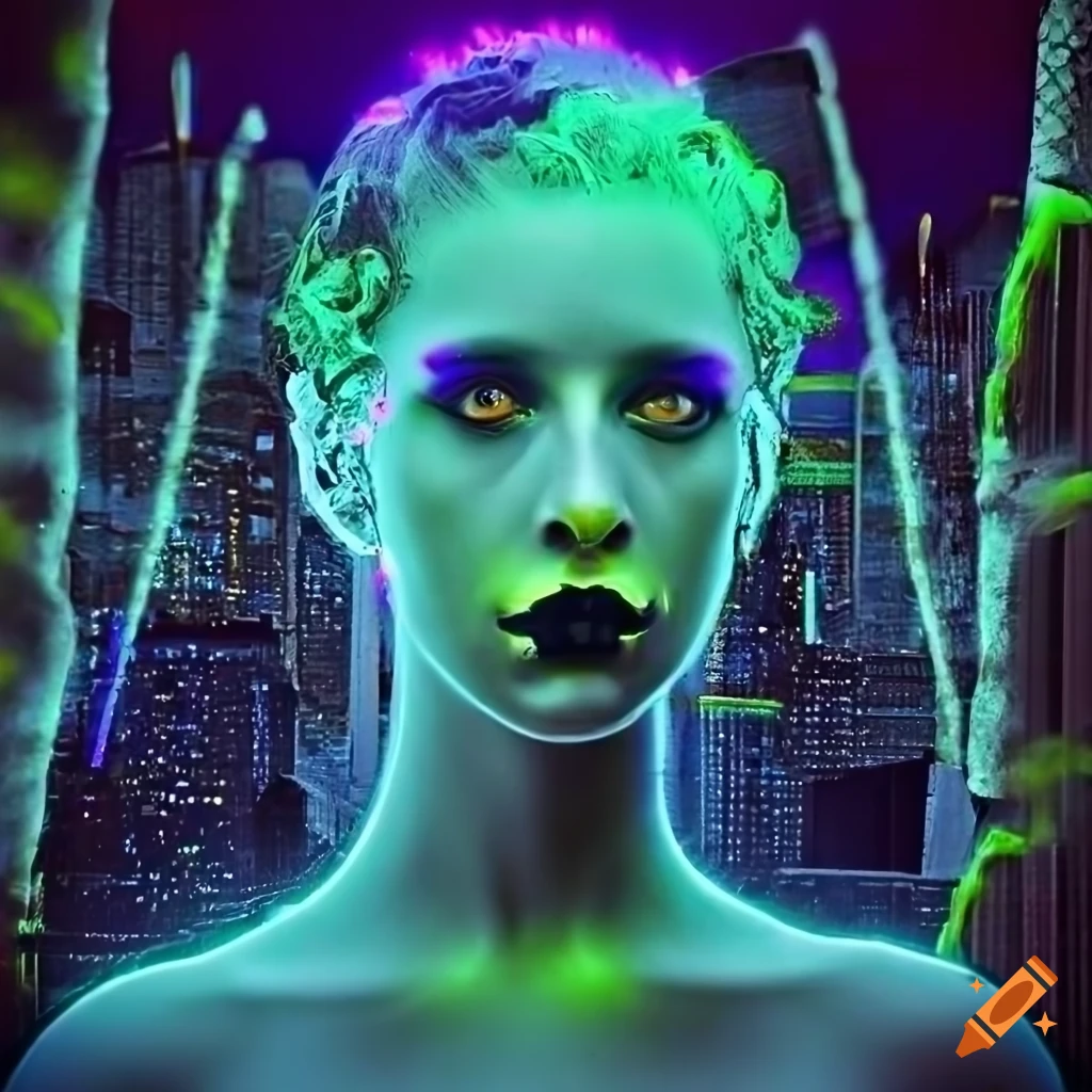 Glowing biopunk cityscape with plants, mushrooms, crystals, and Mythical Creature goddesses