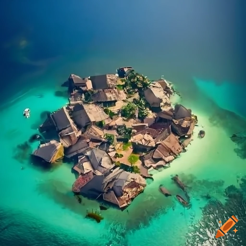 Top view of a pirate's town in a Caribbean archipelago