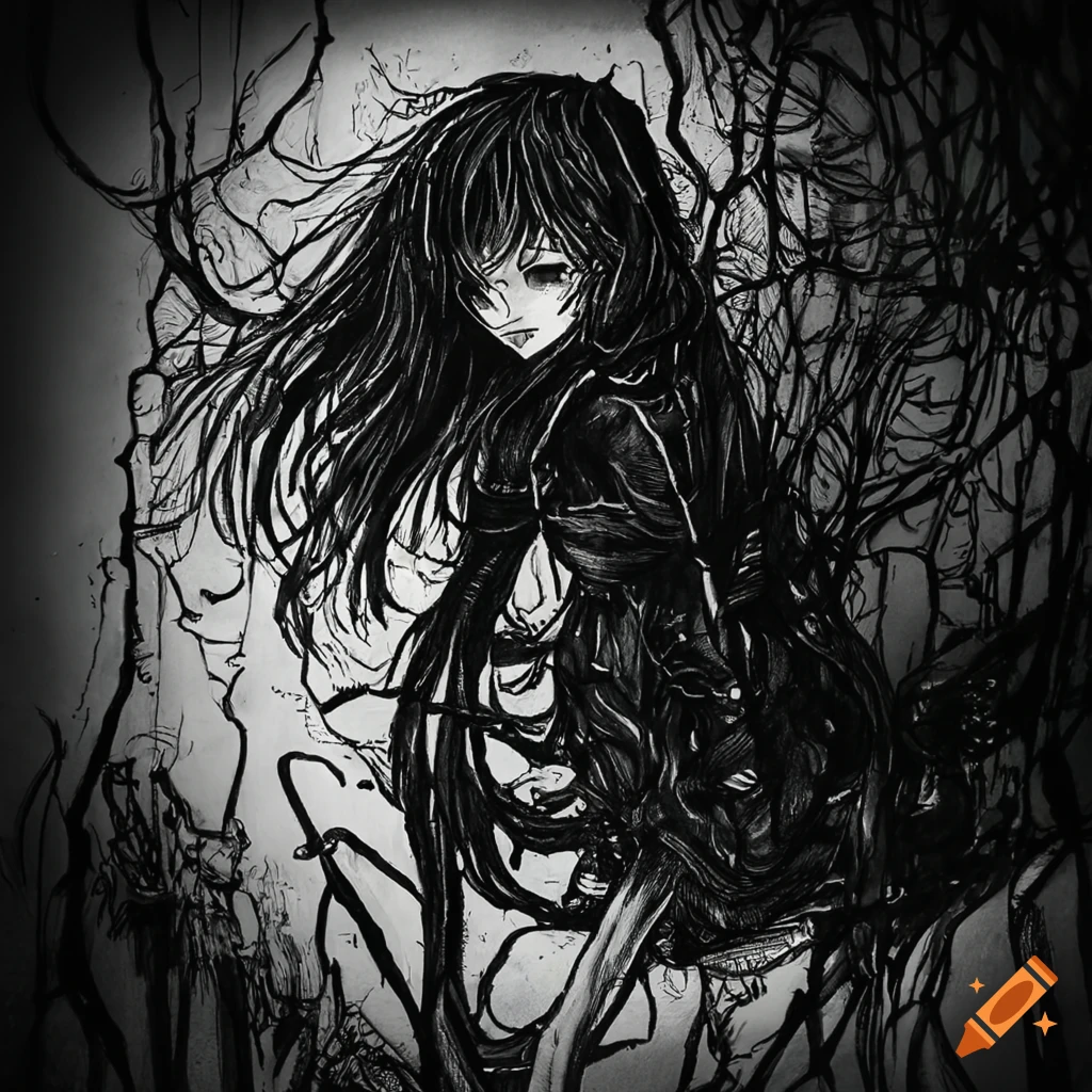 Eerie ink drawing portraying being trapped in a nightmare