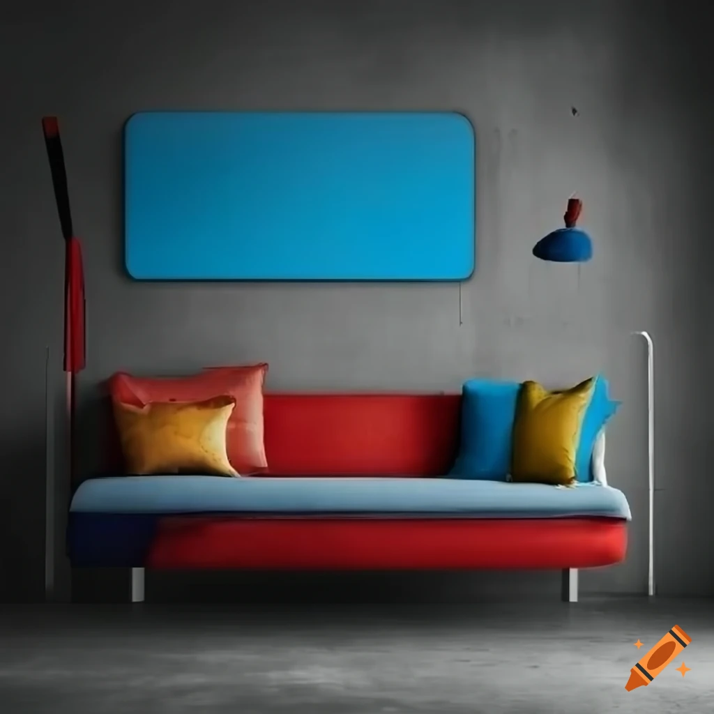 Industrial concrete cozy modern living room with red, blue, and yellow accents