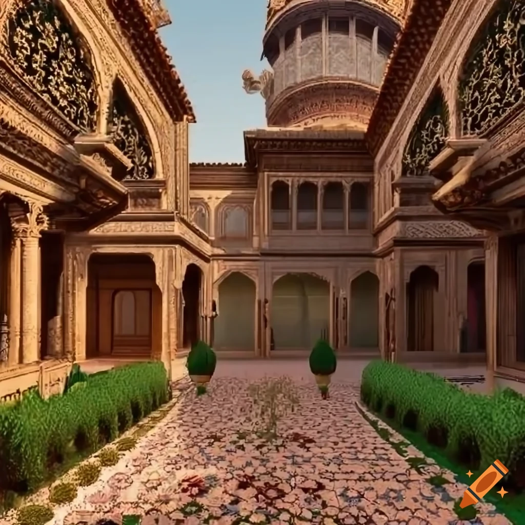Modern multicultural architectural neighborhood with traditional royal influences and greenery