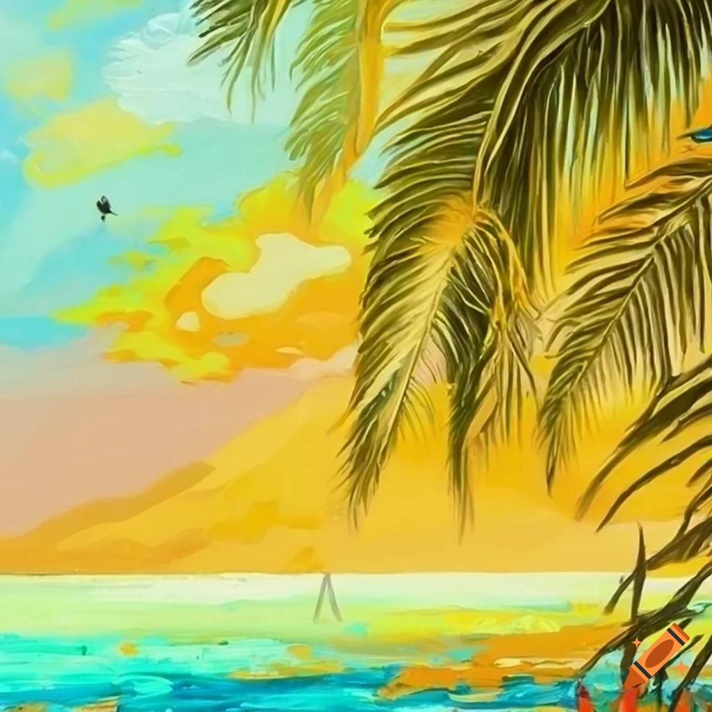 Yellowish tropical island in an oil paint style