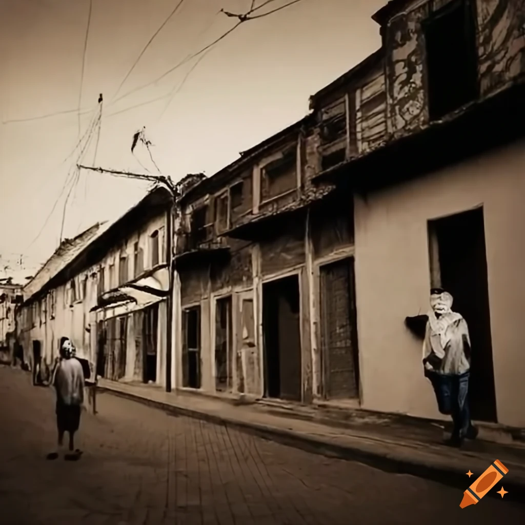Buildings and houses in Brazil with people wearing masks in sepia tones