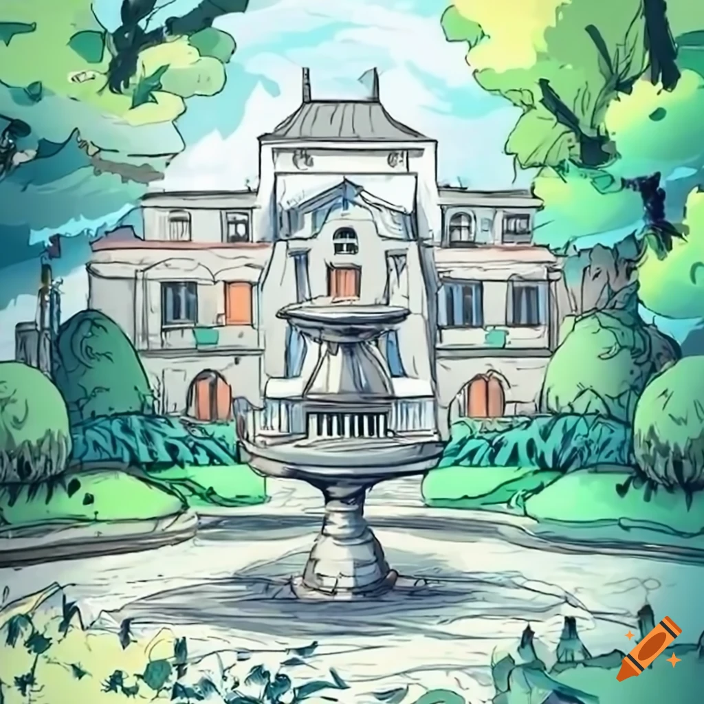 Enchanting old mansion with ornate entrance fountain and vibrant garden in anime art style