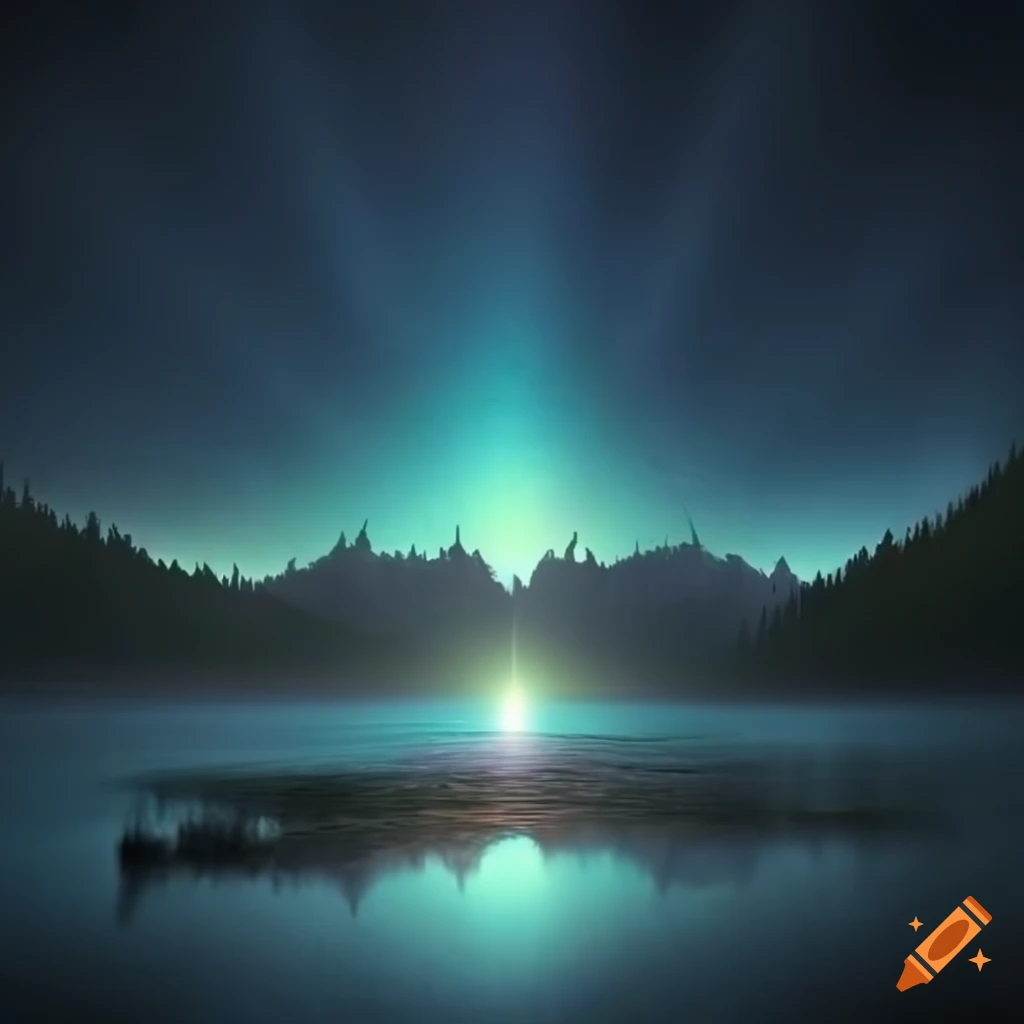 Special effect of god rays shining on a mountain lake, creating a sense of naturalism and awe