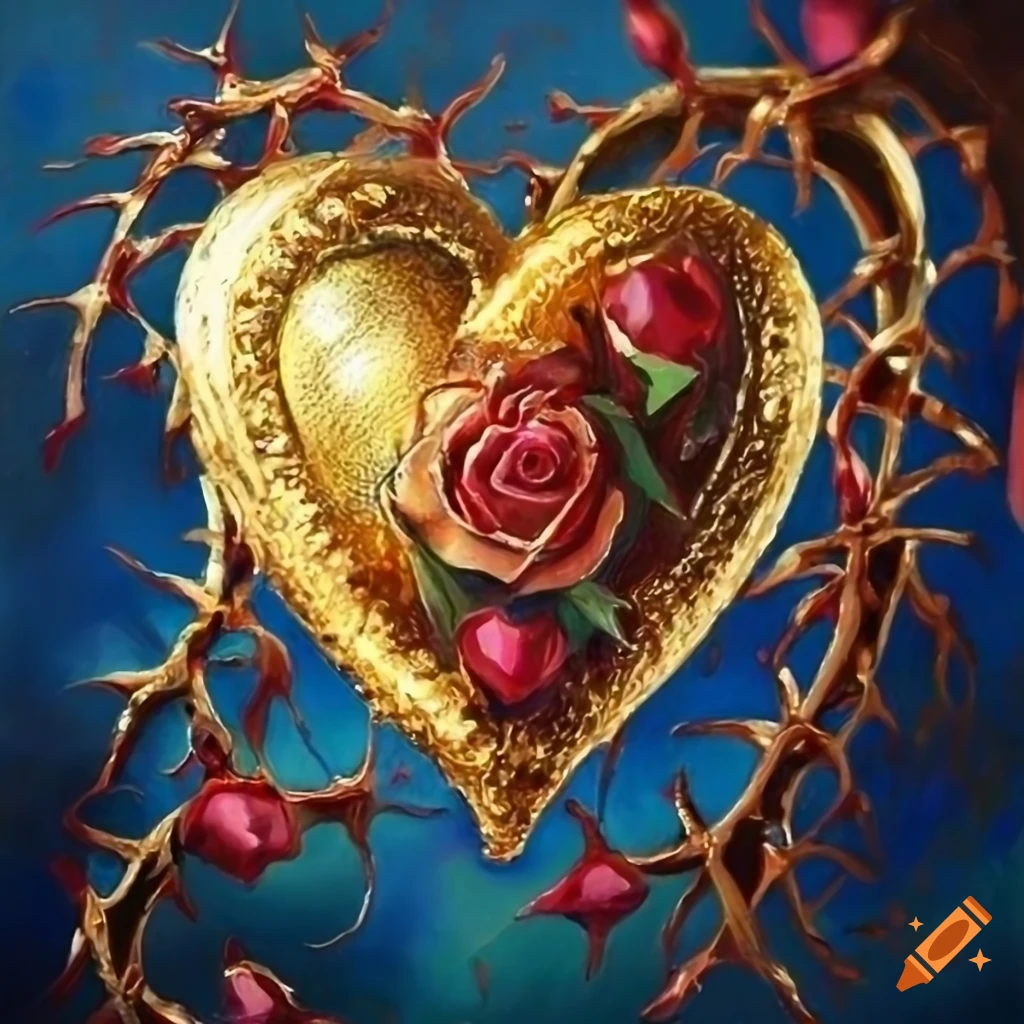 Gold heart locket with rose thorn motif in oil painting