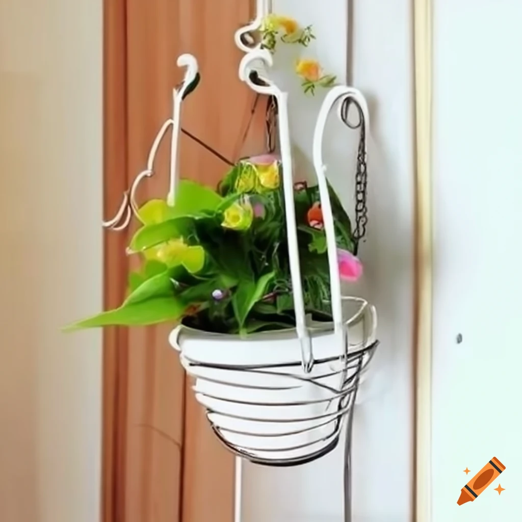 Upcycled wire clothes hanger used as a flower pot holder