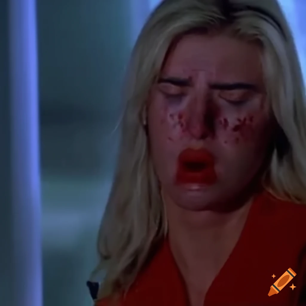 Blonde female top secret agent with disheveled appearance in a 90's movie scene