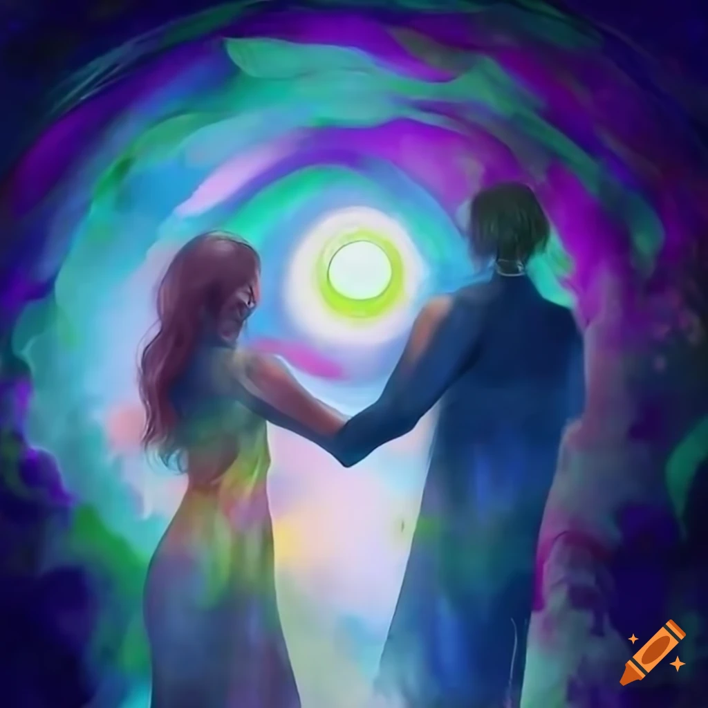 Radiant lovers in ethereal landscapes with fairytale elements
