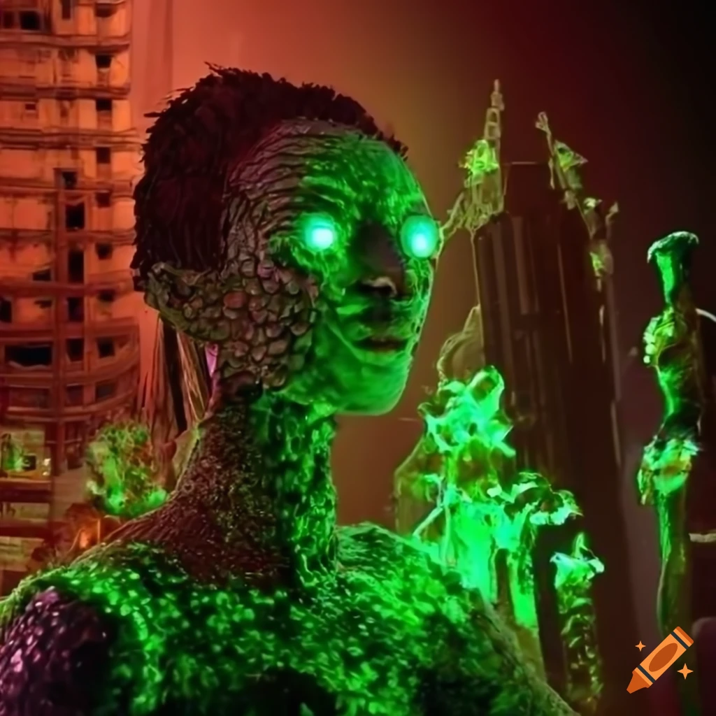 Glowing biopunk cityscape with green moss, plants, and mutated cyborg creature goddesses