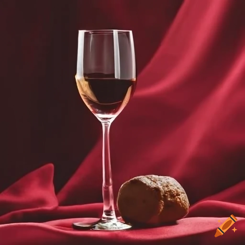 Wine and bread on red tablecloth for a religious ceremony