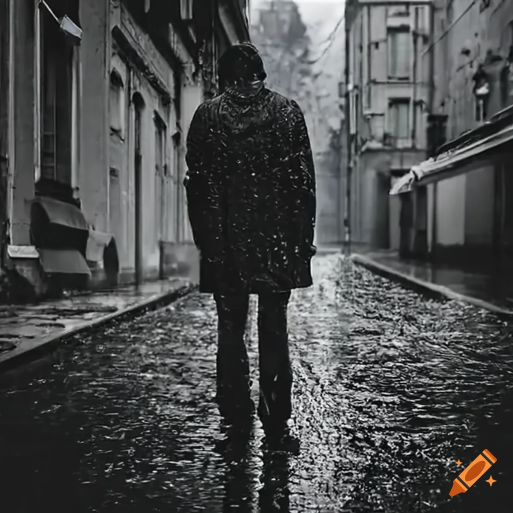 Man from the back on a stormy dark day with rain in a street