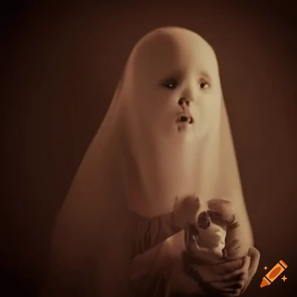 Creepy scene of ghost holding a child in sepia tones