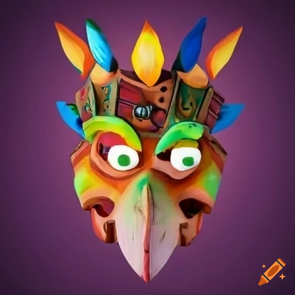 Sumarian wooden mask with feather crown in a contemporary Crash Bandicoot style