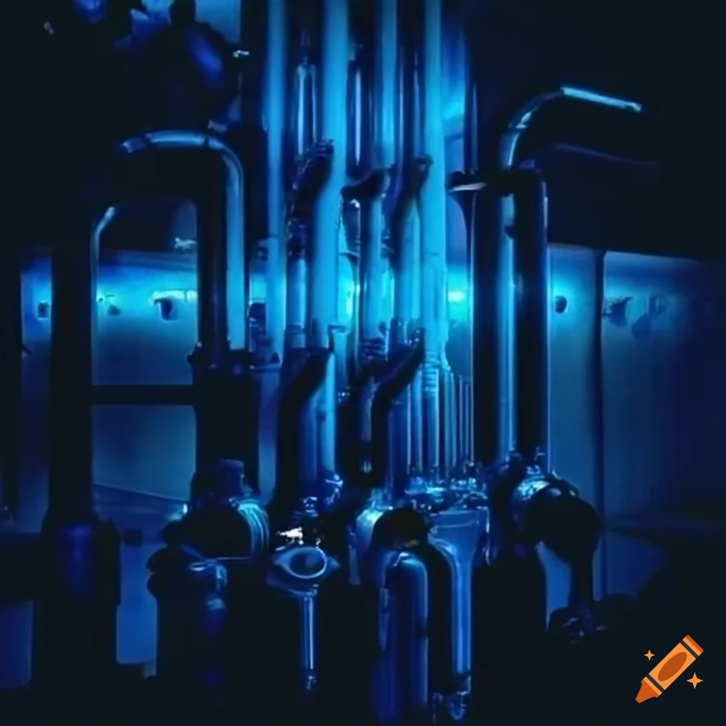 Blue and white pipes in a boiler room