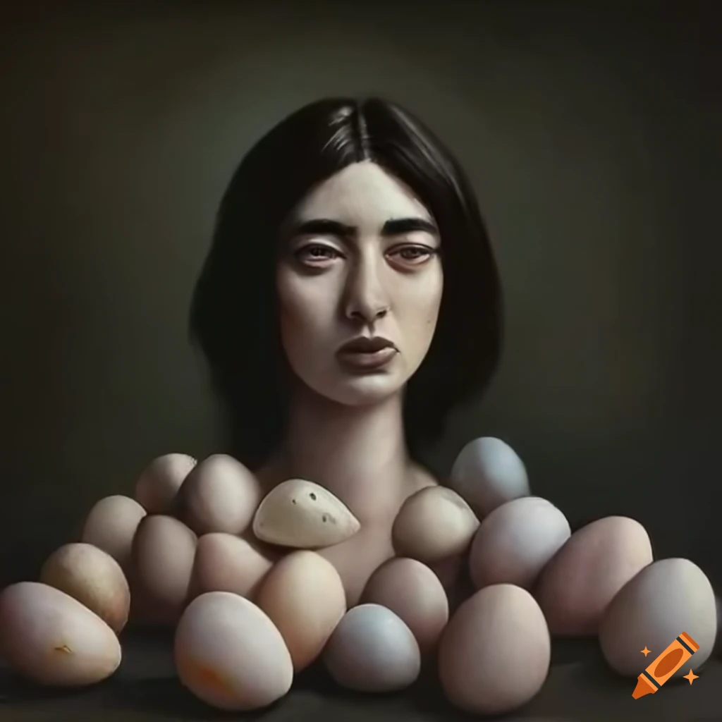 Surreal people made of eggshells in the style of Leonora Carrington