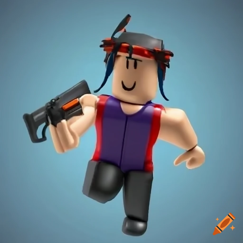 Athletic figure with a Roblox avatar running with a toy gun on Craiyon