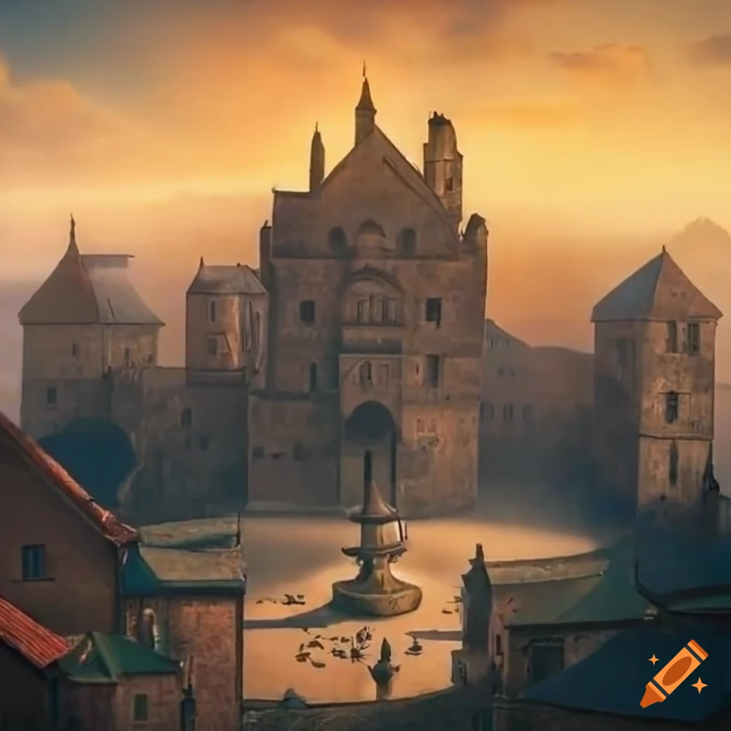 Epic town square in a medieval town with stone soldier statues and fountain