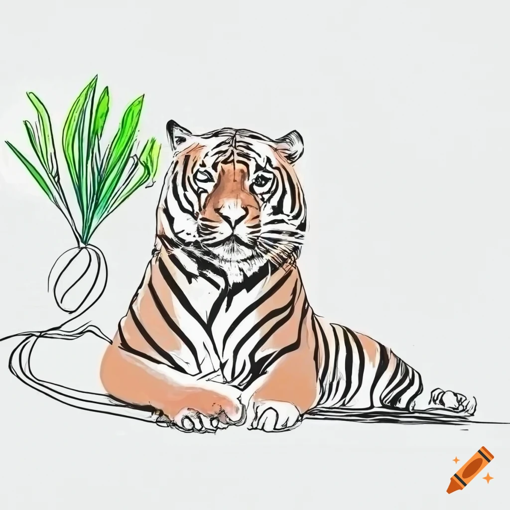 Dynamic single-line drawing of a tiger next to a large plant on Craiyon