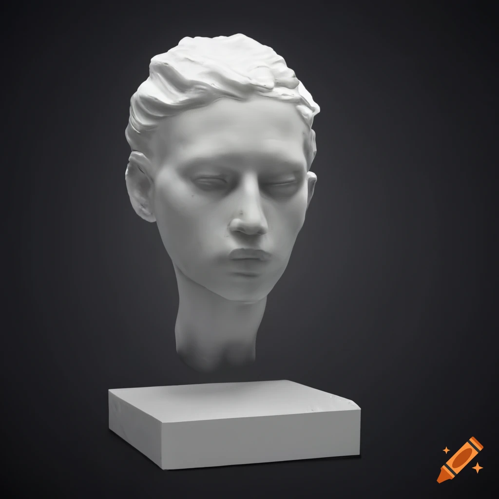 White head sculpture model on dark background with side spotlight