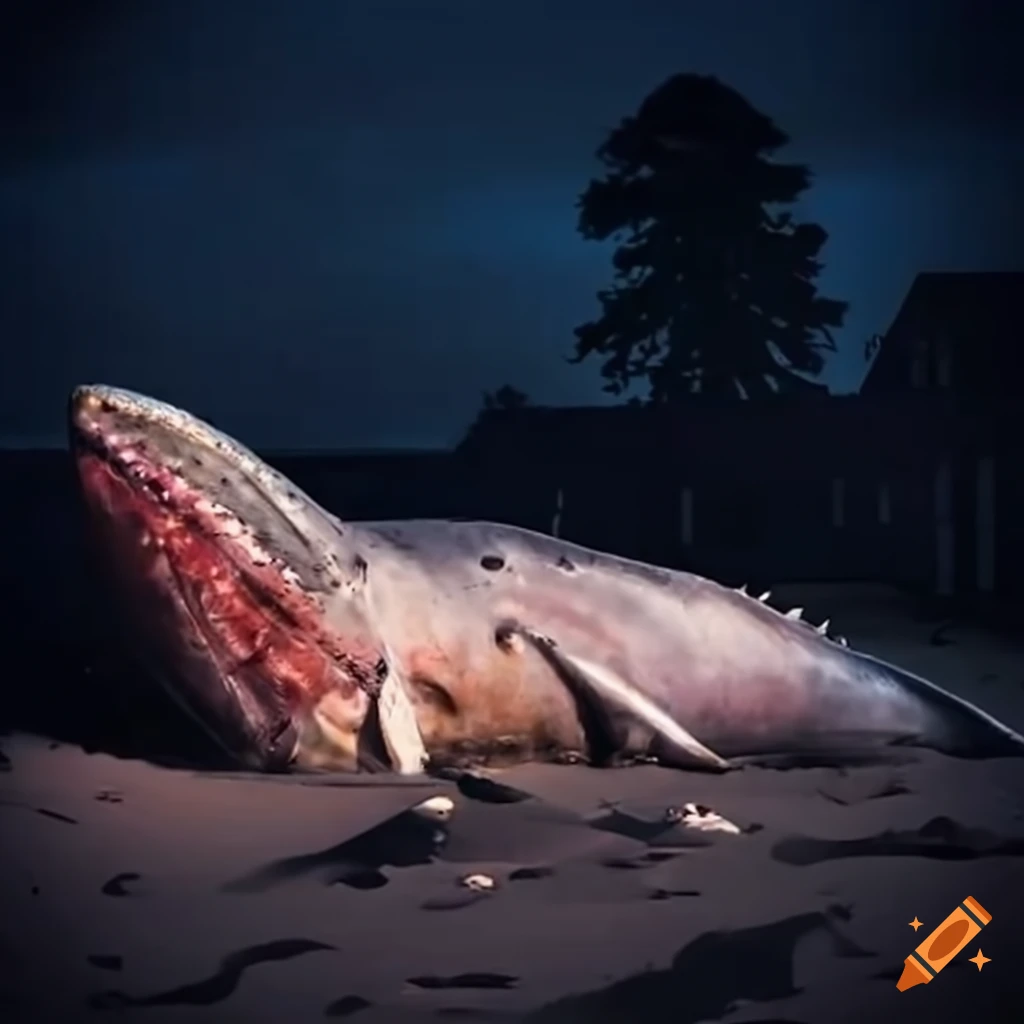 Beached whale carcass with a house inside