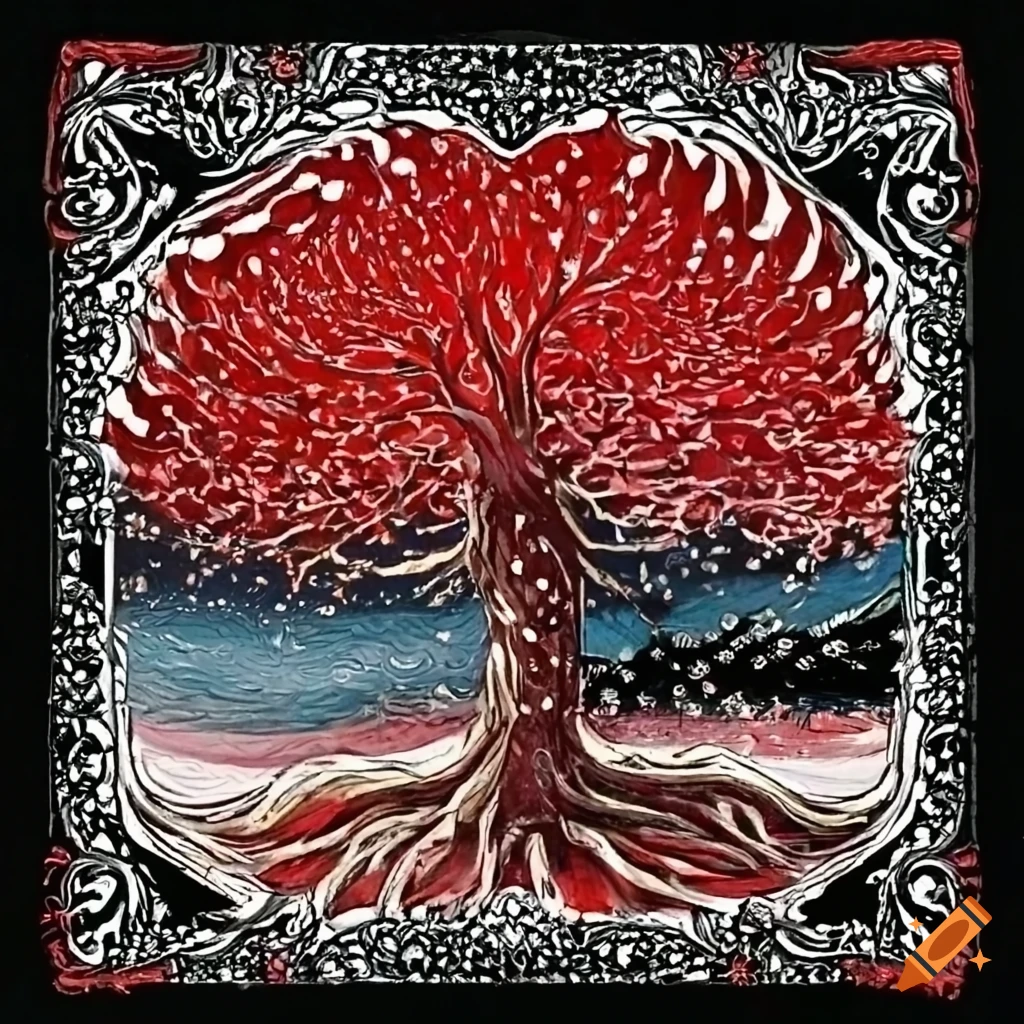 Tarot card featuring a hand-drawn white tree in red and black colors