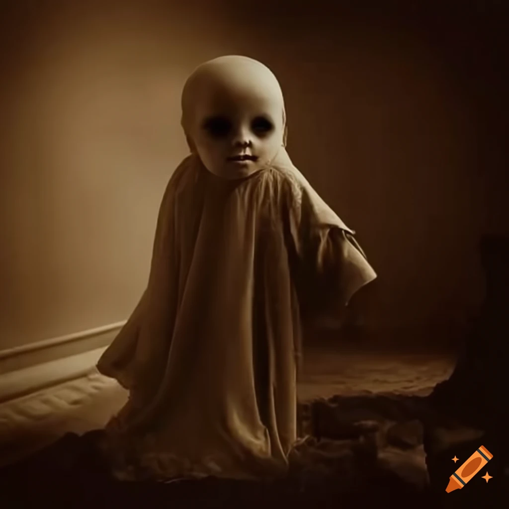 Ghost holding a child in an old sepia-toned mansion
