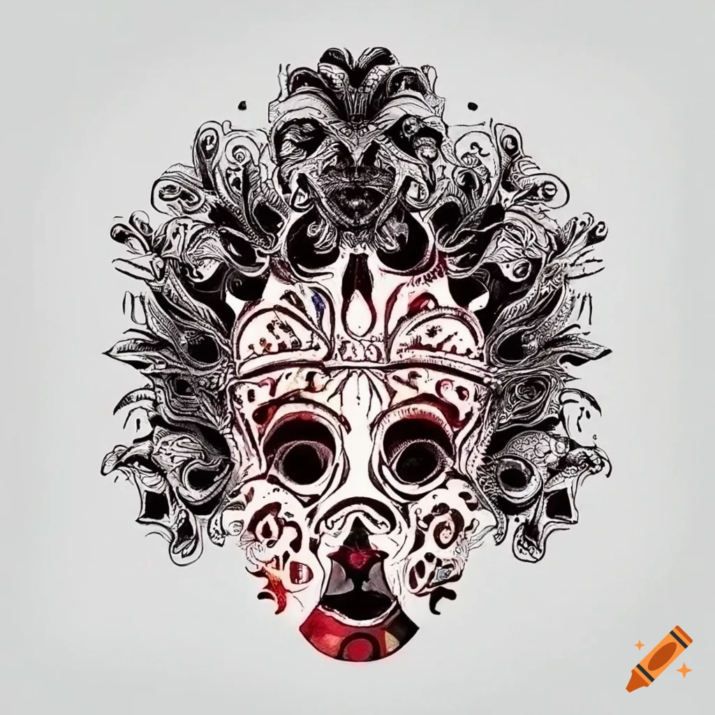 Romanian traditional masks with brocade details in black and white tattoo style