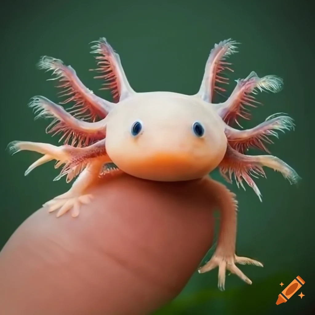 Axolotl on a person's hand surrounded by plants and grass