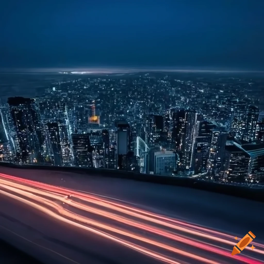 Car traveling on a deserted highway with an illuminated cityscape in the distance at night