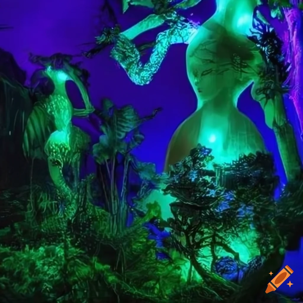 Glowing biopunk cityscape with plants, mushrooms, and mythical creature goddesses