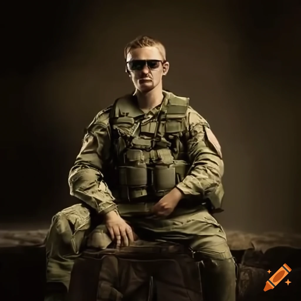 US soldier with glasses, backpack, and buzz haircut sitting on a rock in an old photo