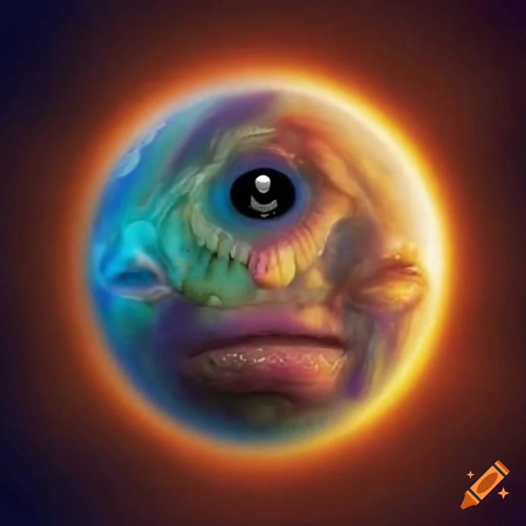 Cyclops with a rainbow mouth and sun eye, alien earth, and planet in the background