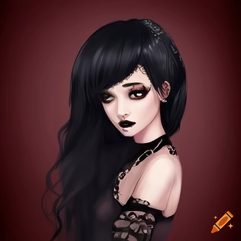 Cute goth girl with black hair, gray eyes, and pale skin