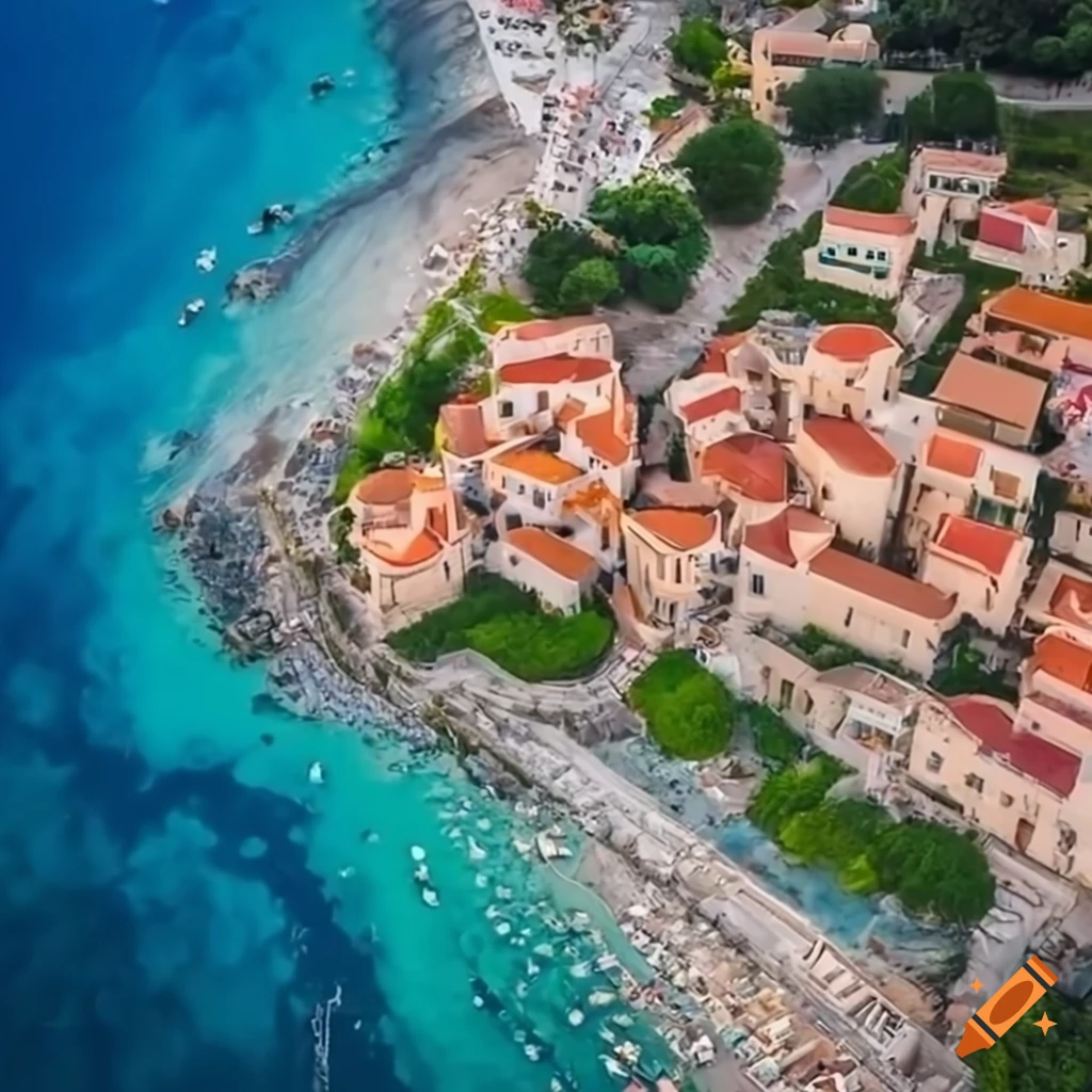 Aerial view of a village by the Mediterranean Sea