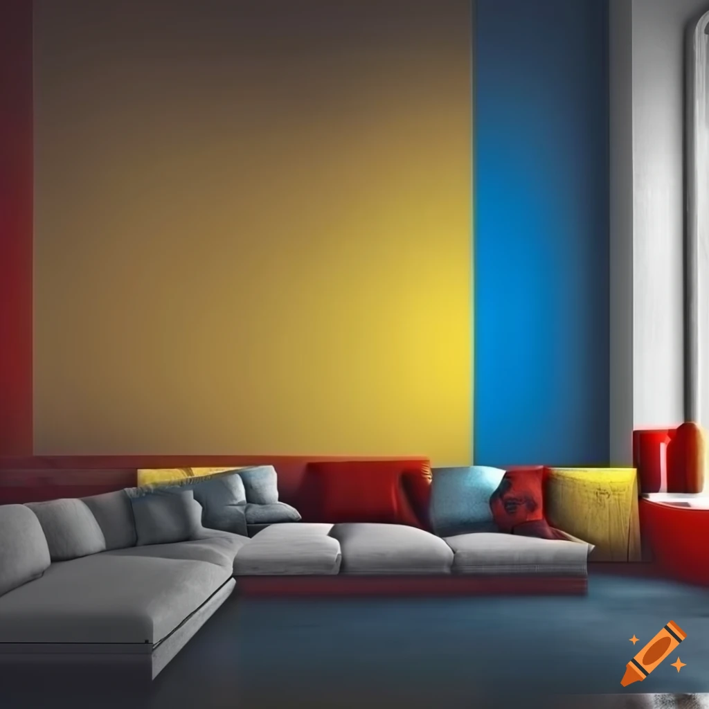Industrial concrete cozy modern living room with red, blue, and yellow accents