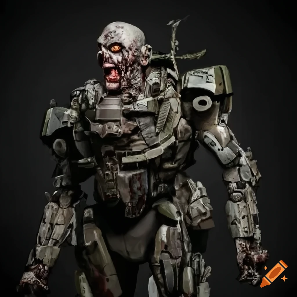 Detailed cyger mecha-zombie soldier shouting in close-up