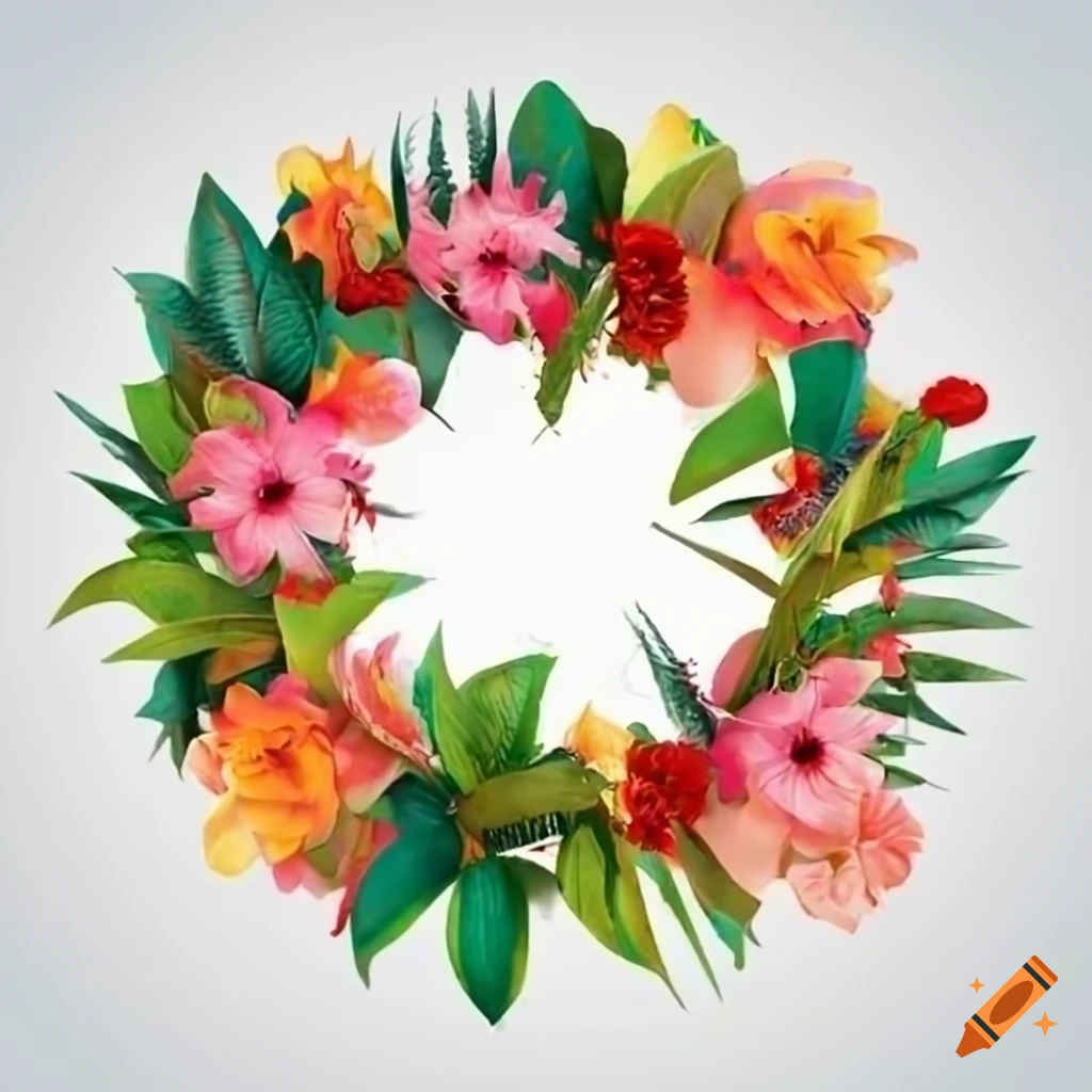 Tropical flower wreath on white background
