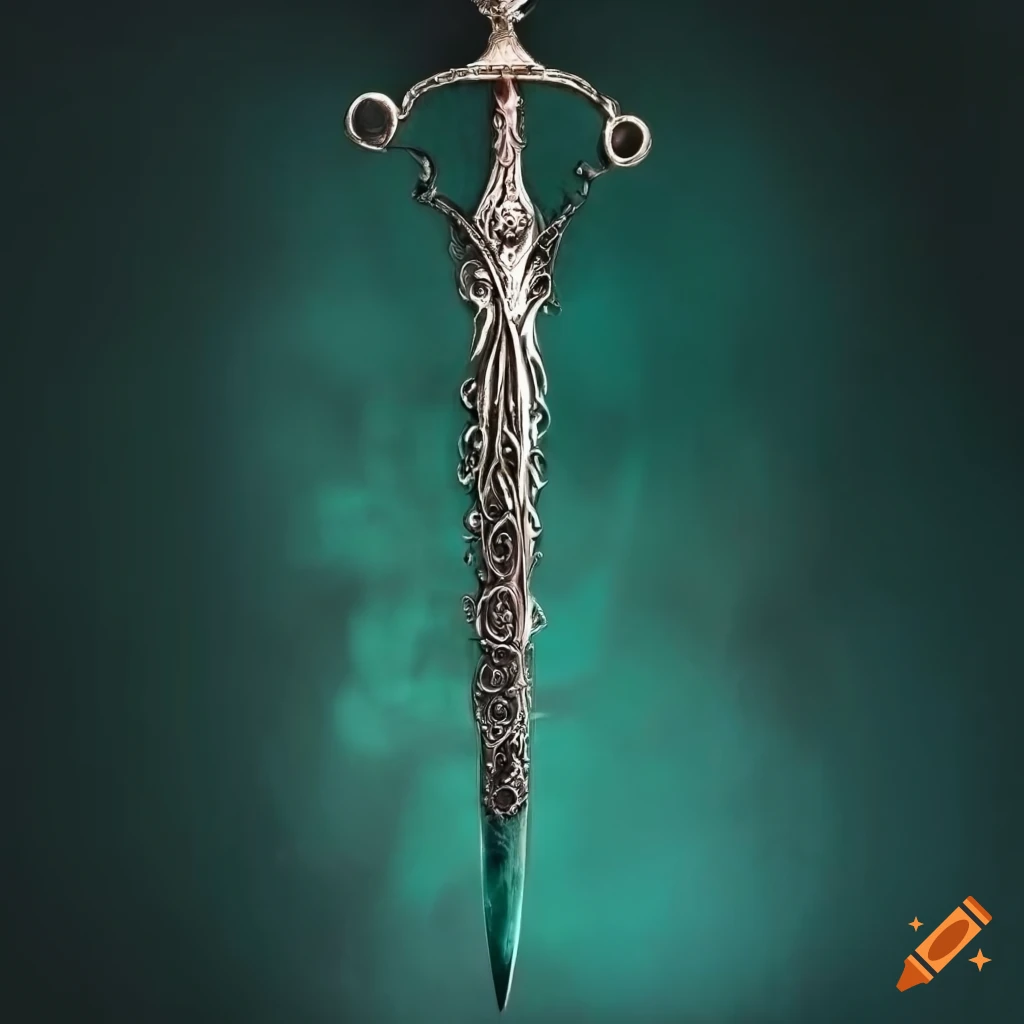 Green and silver longsword with moon motifs and engravings