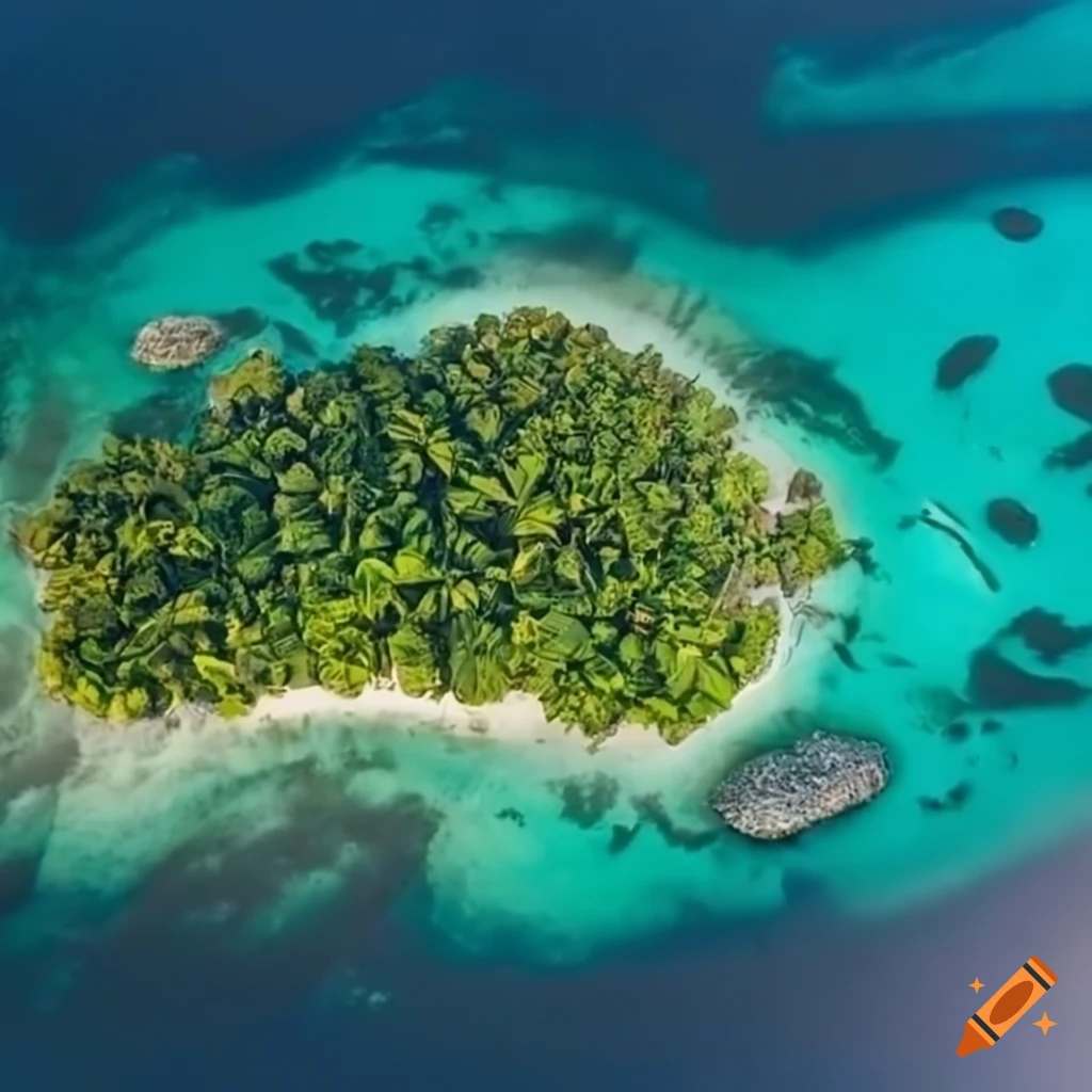 Overhead view of a tropical archipelago with ten islands