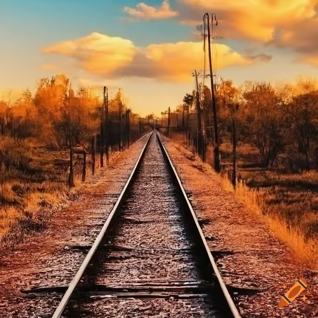 Paisagem estilo velho oeste com trilho de trem e cidade distante