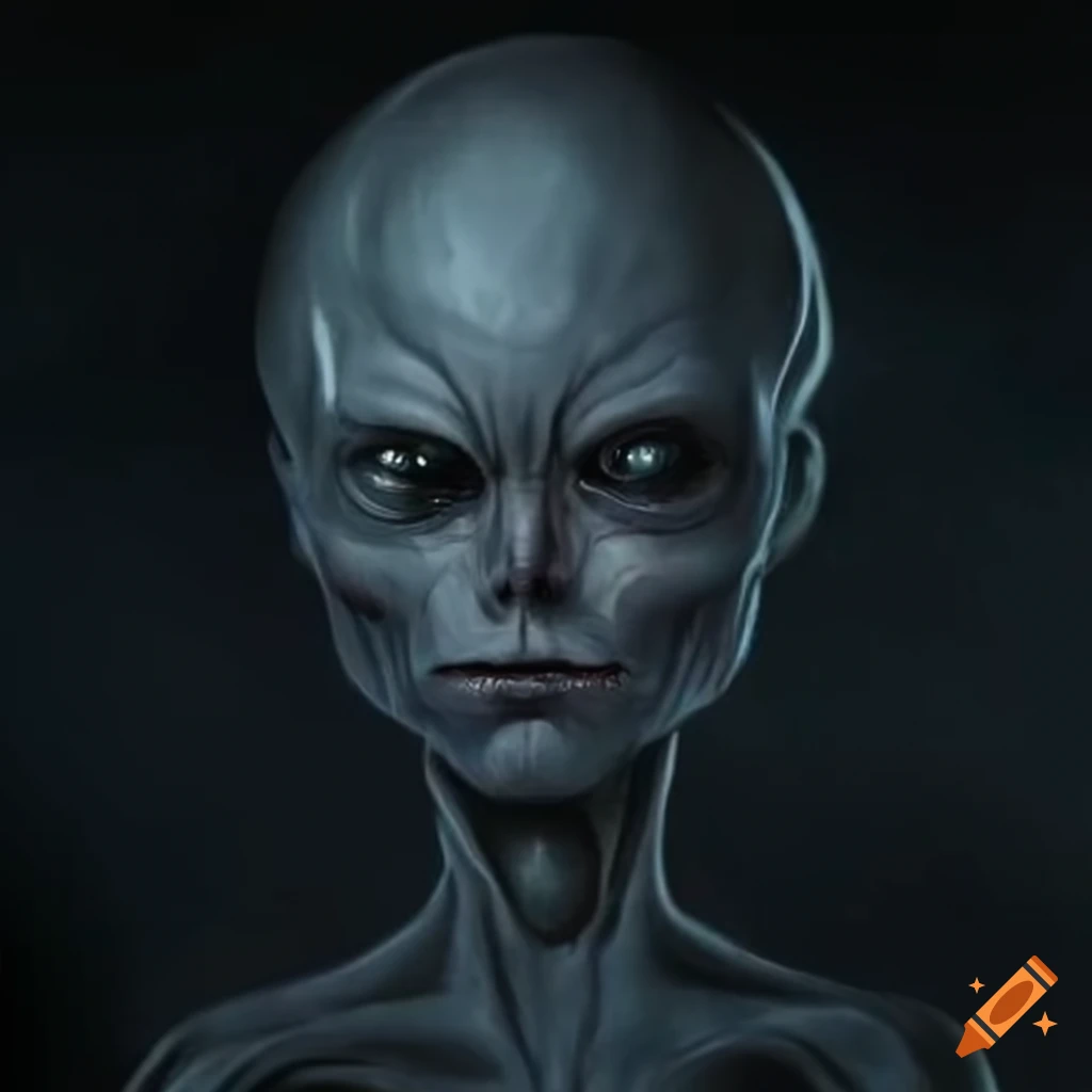 Futurist art of a grey alien emperor with white eyes